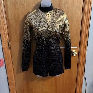 Weissman Black and Gold Long-Sleeve Sparkle Leotard Romper